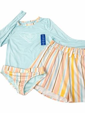 Roxy Girls 3pc Swim Set Rashguard Bikini Shorts L 14/16 UPF 50 Pastel Stripe